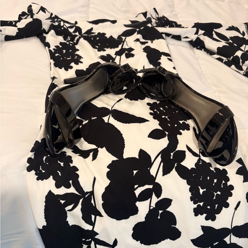 Premier Black and White Floral Off-Shoulder Long Sleeve Dress
